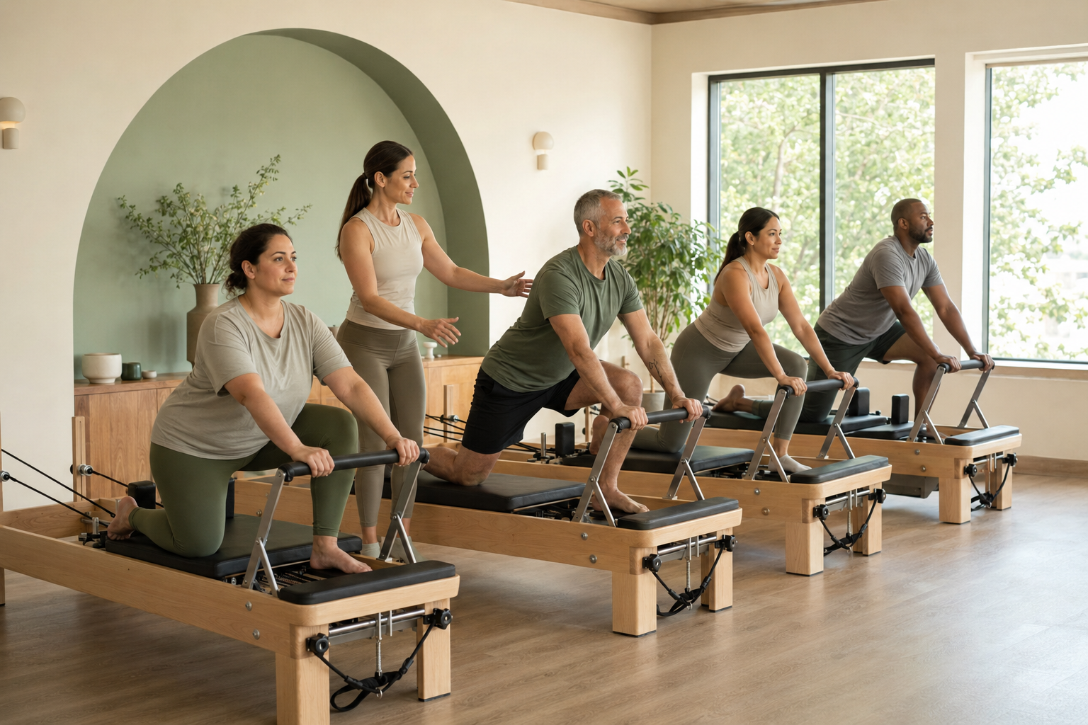 Küçük bir grupla yapılan, eğitmen eşliğinde reformer pilates dersi