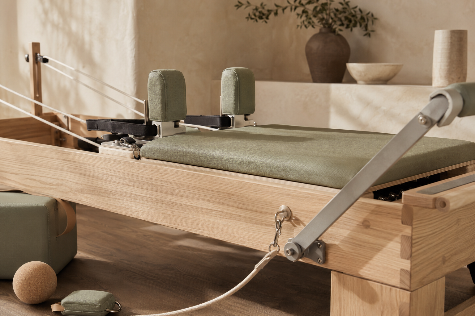 Ahşap ve adaçayı tonlarında premium reformer pilates ekipmanı